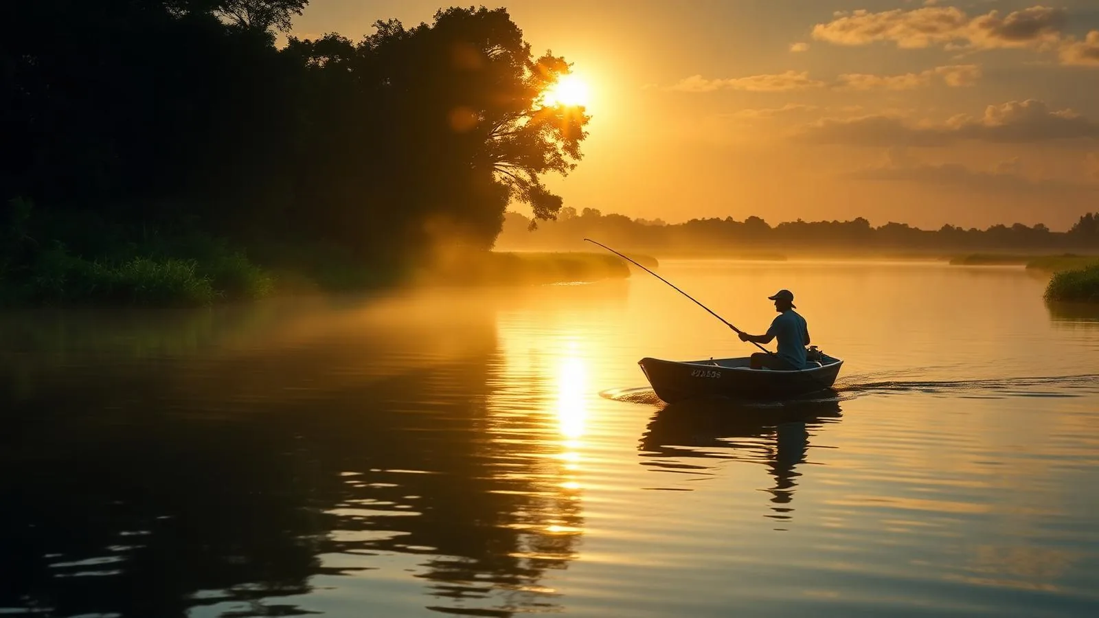 Pescador en bote al atardecer en un río