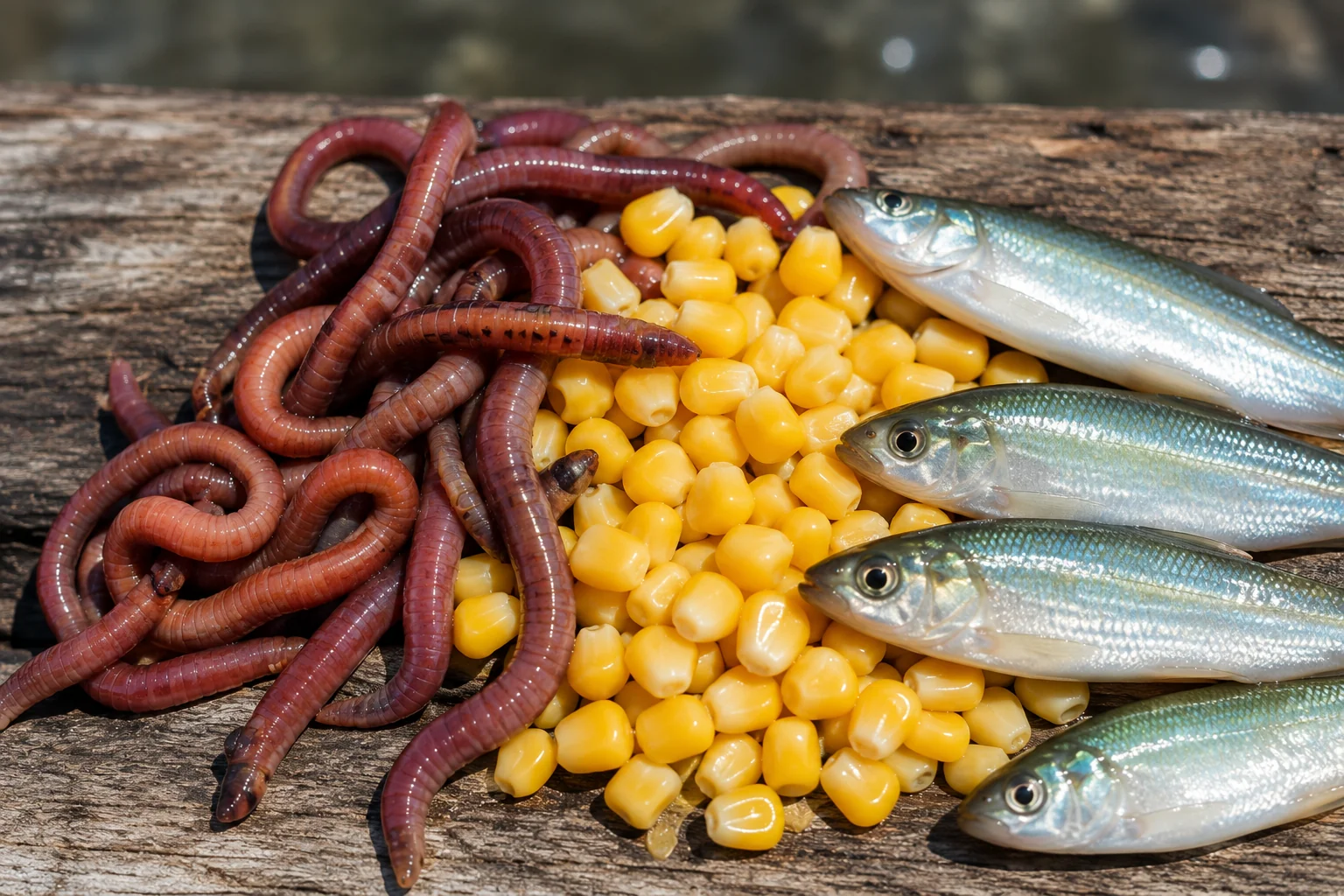 Carnadas naturales: lombrices, maíz y peces pequeños